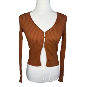 Superdown Y2K Long Sleeve Crop Top Rust Ribbed Hook & Eye Cardigan Sweater S